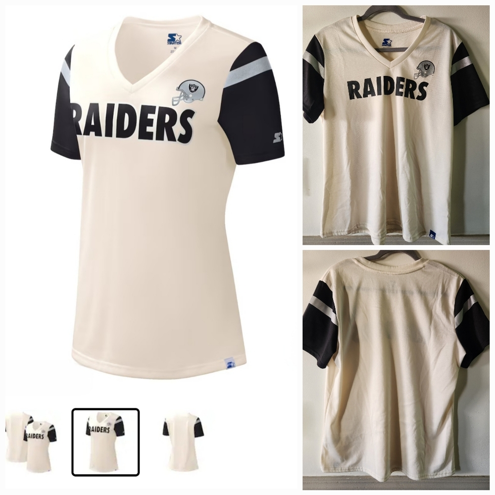 Women's Las Vegas Raiders STARTER Cream and Black V-Neck T-Shirt - Picture 1 of 6